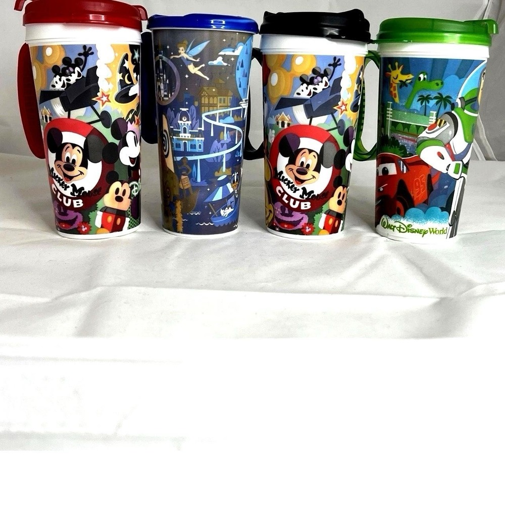 Disney Parks Refillable Mug Lot of 4 Mickey Mouse  Buzz Travel Cups Souvenir